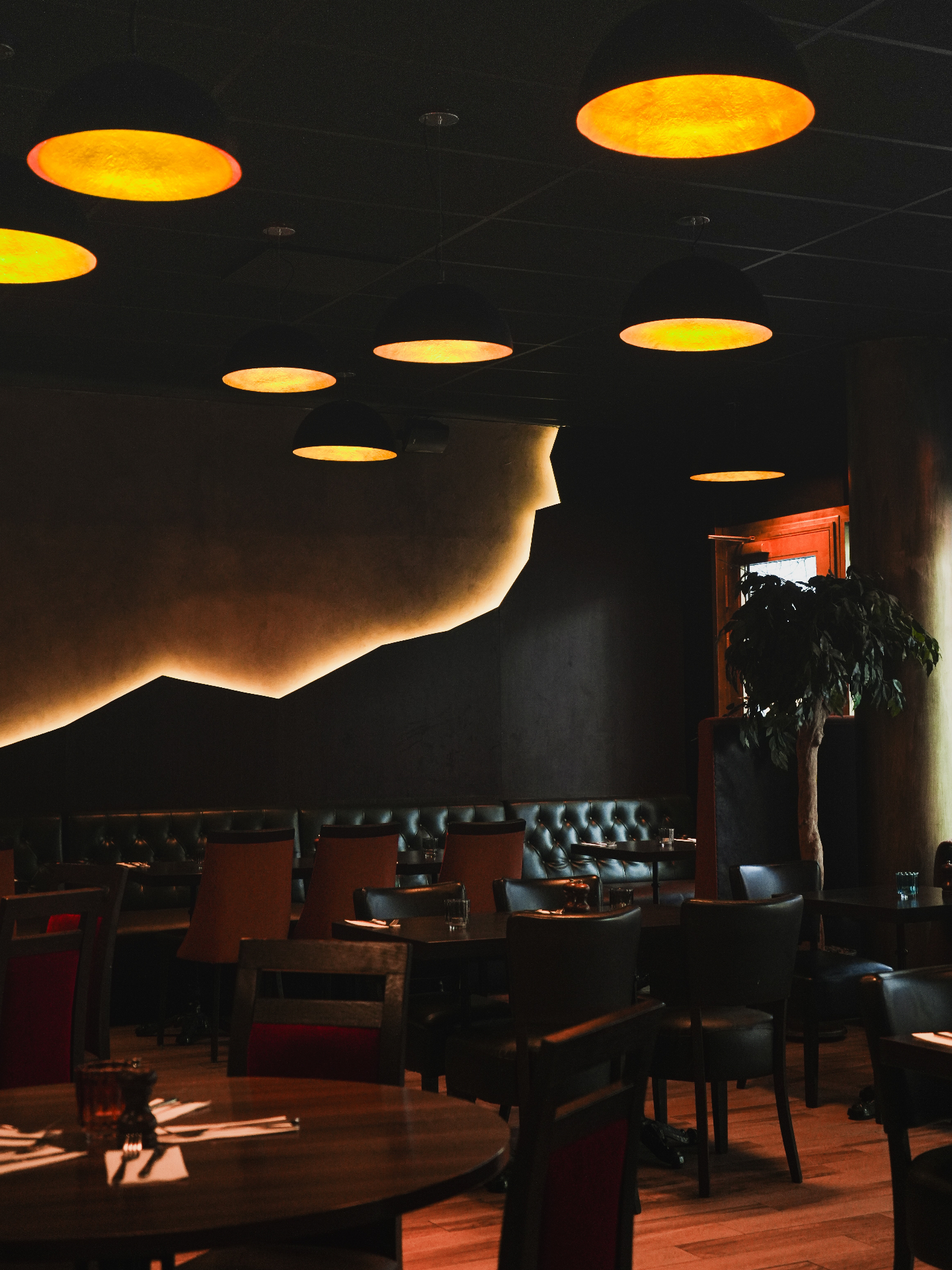 Warm interior ambiance inside the Asian restaurant