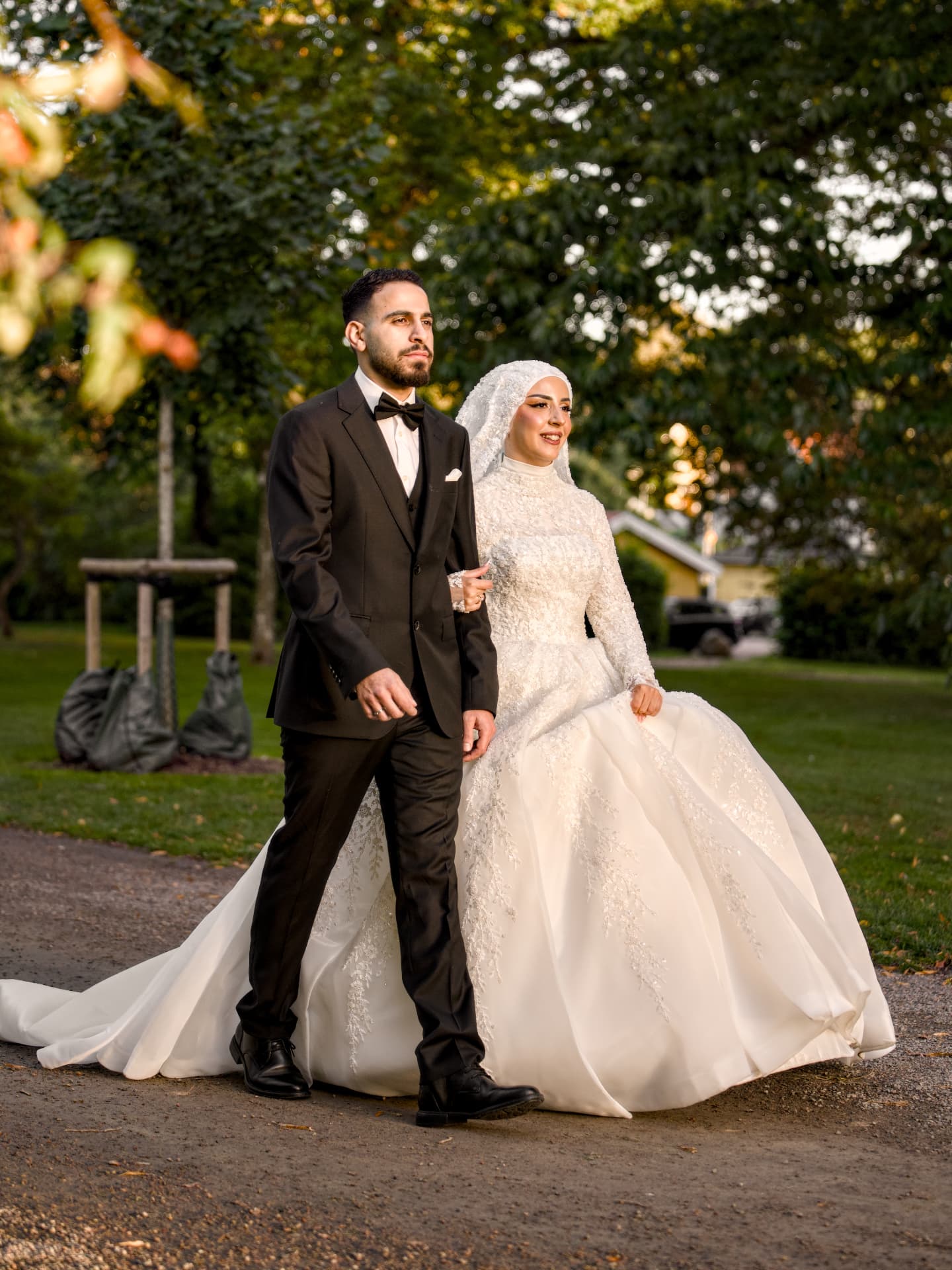 Mohamad & Marwa walking in the evening garden